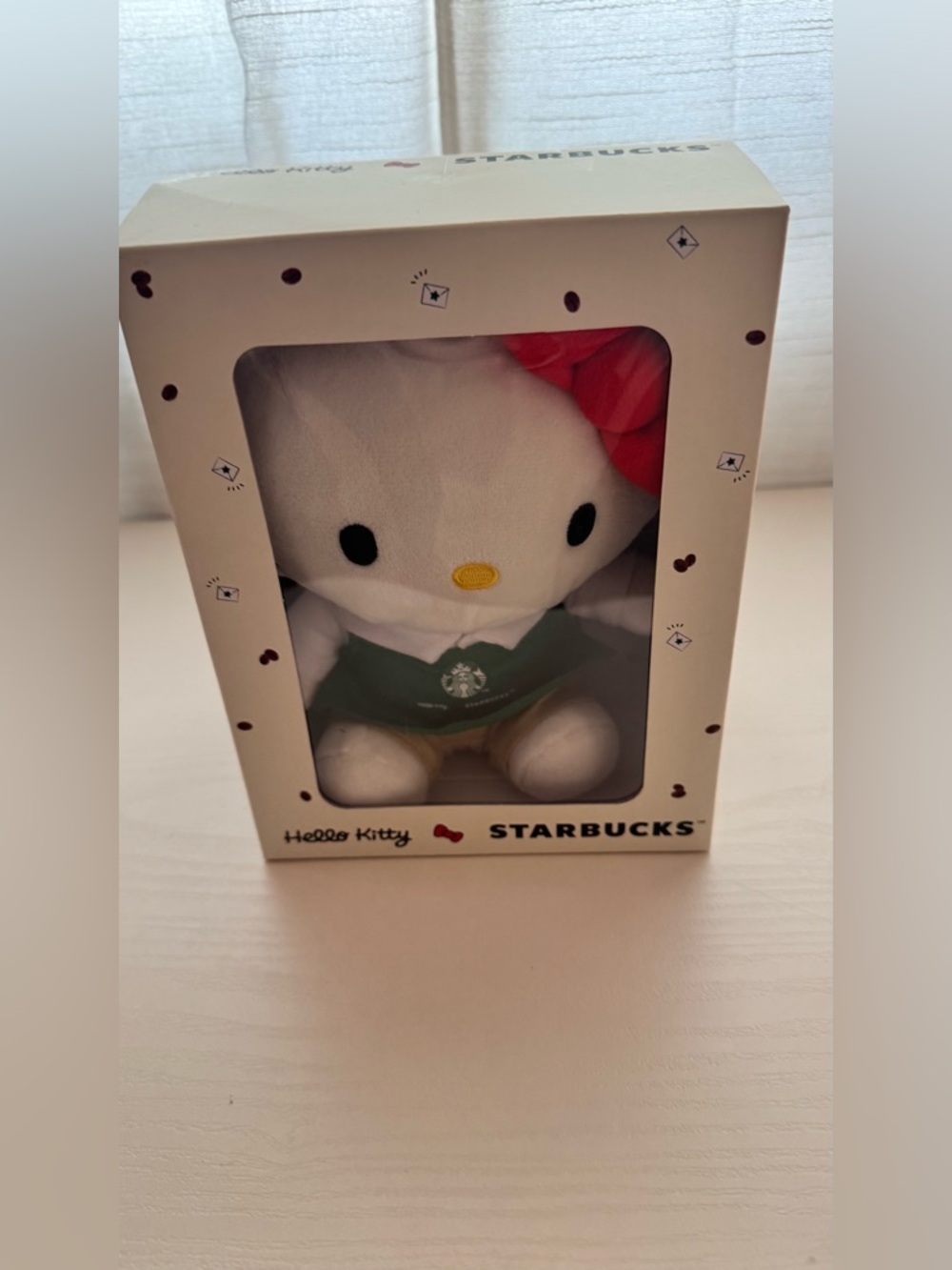 Starbucks Hello Kitty Plush in White with Green Apron and Red Bow